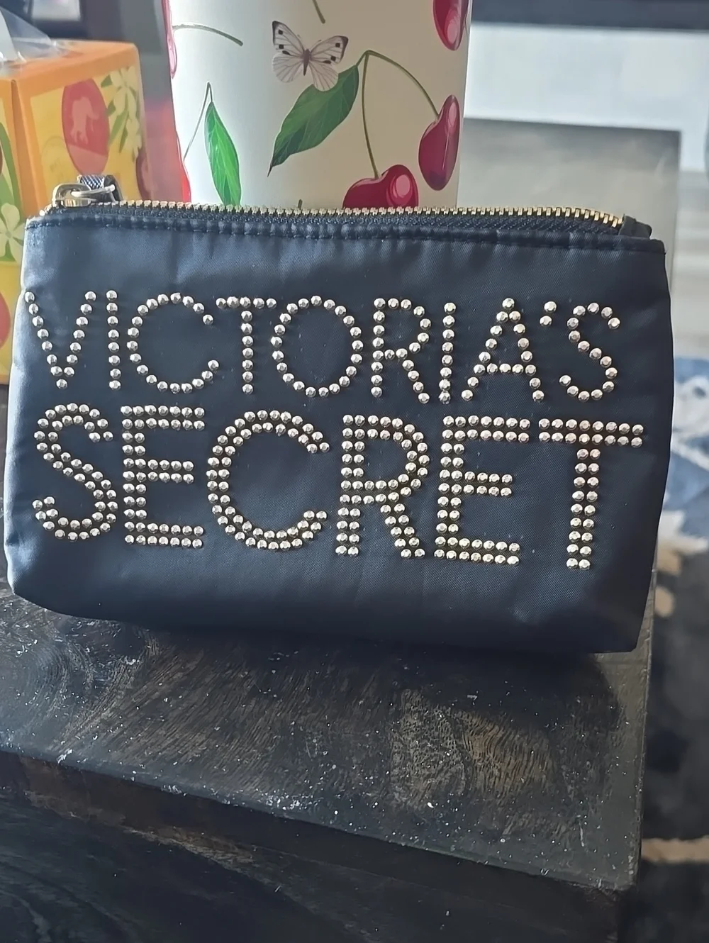 Victoria's Secret Black Gold Studded Logo Cosmetic Pouch